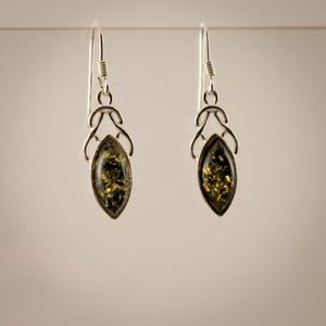 May include: A pair of dangle earrings with a silver-tone metal design. Each earring features a dark, oval-shaped stone with gold flecks. The earrings have a hook closure and a decorative silver accent above the stone.
