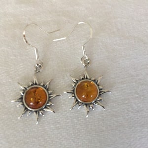 Cognac Baltic Amber Sun Dangle Earring, Sun Amber Earrings. Sun Jewelry