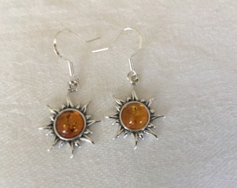 Cognac Baltic Amber Sun Dangle Earring, Sun Amber Earrings. Sun Jewelry