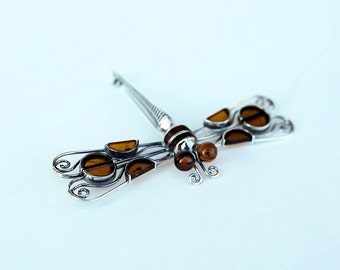 Baltic Amber Dragonfly  Silver Brooch