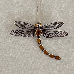 Cognac Baltic Amber925 Sterling Silver Dragonfly Pendant with 18&quot; Italian 925 Sterling Silver Chain
