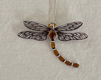 Baltic Amber & Sterling Silver Dragonfly Pendant – Multi-Colored Amber Jewelry, 925 Silver, No Chain, Gift Boxed