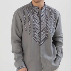 Gray shirt for men. Linen shirt, Men&#39;s embroidered shirt. Ukrainian vyshyvanka. Traditional Ukrainian shirts Gift  for Christmas