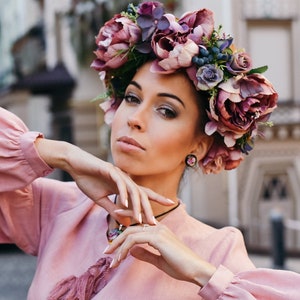 Colorful flower crown Pink deep purple Romantic wedding Flower halo Bridal floral crown Boho wedding Headband Hair wreath,Gift for Christmas
