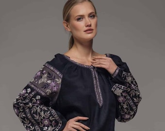 Black Linen Embroidered blouse Ukrainian vyshyvanka shirt, Women Blouses, Gift for Girl, Her EasterGift Ukraine seller