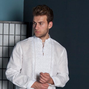 2024 White on white Ukrainian shirt for men. Men's embroidered shirt. Ukrainian vyshyvanka. Traditional shirts White embroidery Gift for Him