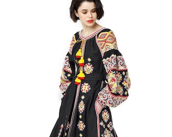 2024 Linen Black Dress Embroidered Ukrainian vyshyvanka Black Dress, traditional dress Gift for Her, Girl. Gift for Wife,Boho Dress, Her