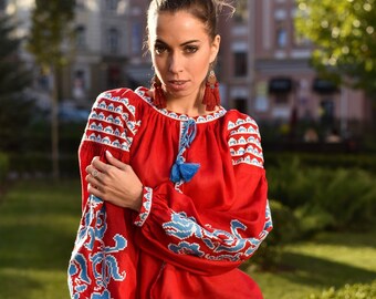 Ukrainian Linen Vyshyvanka Blouse, Embroidered Folk Shirt