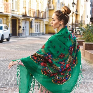 Green Ukrainian shawl 125*125 cm, Traditional Ukrainian gifts for women, Mom, Daughter bohemian scarf flower. Gift for EASTER, Gift for  HER