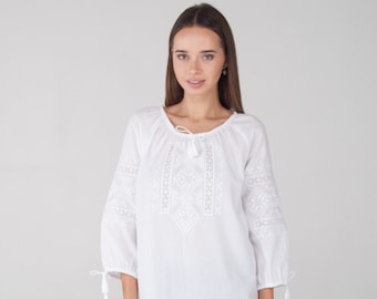 Ukrainian vyshyvanka blouse. ukrainian embroidered blouse vyshyvanka bohemian ethnic shirt White embroidery on a whiteGift for Easter