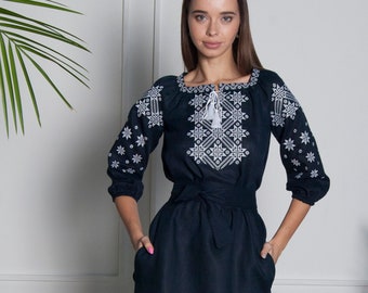 Blue Linen Embroidered Ukrainian vyshyvanka dress.Traditional Dress.Gift for Her. Gift for Girl,EasterGift for Wife, Ukrainian clothings