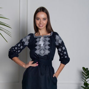 Blue Linen Embroidered Ukrainian vyshyvanka dress. Traditional. Gift for Her. Girl,Easter Wife, Ukrainian clothingsUkraine seller