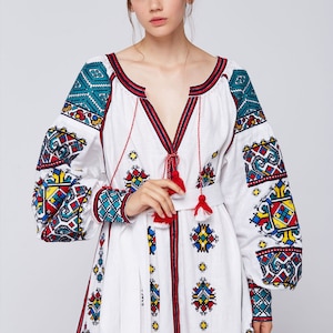 Vestido abaya bohemio blanco de lino bordado, vestido vyshyvanka, regalo de Navidad