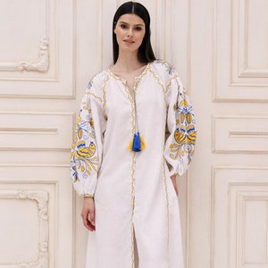 White Embroidered Wedding dress Simple bohemian wedding dress. vyshyvanka Linen Boho White embroidered maxi dress Eastergift