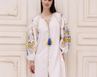 Biała haftowana suknia ślubna Prosta suknia ślubna w stylu boho. Wyszywana lniana sukienka Boho w kolorze białym, długa, haftowana, prezent wielkanocny