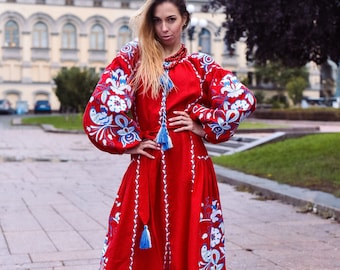 RED Linen Ukrainian Embroidered dress vyshyvanka Boho folk MOTHERS DAY American Independence Day dress