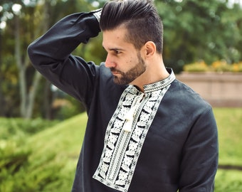 Black shirt for men. Embroidered shirt. Men's embroidered shirt. Ukrainian vyshyvanka. Traditional Ukrainian Gift for Christmas