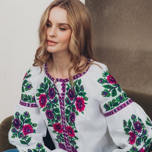 2025 White Ukrainian embroidered Linen blouse exclusive vyshyvanka blouse Borshchivska vyshyvanka bohemian ethnic shirt boho chic peasant