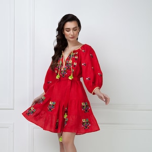 2025 Linen dress  Embroidered Mexican Dress Ukrainian Embroidered vyshyvanka Boho. Dress Gift for Her.Ukrainian folk Dress