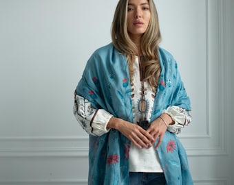 Blue Linen Shawl for Women Embroidered Ukrainian with Floral Design, Perfect Gift for Girl or Mom, Beautiful Scarf Flower Pattern Christmas