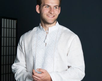 Camisa de lino bordada, camisa blanca tradicional ucraniana para hombre