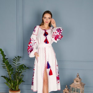 White dress Ukrainian vyshyvanka Linen Boho Embroidered, Wedding dress, Gift for Wife. Women, Ukrainian folk, Her Ukraine seller