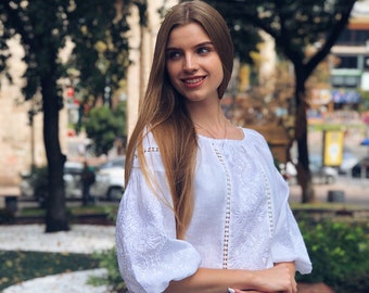 White blouse embroidered Ukrainian blouse vyshyvanka bohemian ethnic shirt White embroidery on a white Gift for Christmas