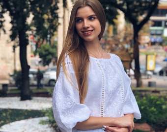 Ukrainian vyshyvanka blouse. Ukrainian embroidered blouse vyshyvanka bohemian ethnic shirt White embroidery on a white Gift for Easter