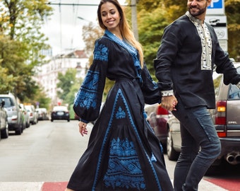 Abito abaya nero ricamato, caftano, abito in lino ricamato, acquista, vyshyvanka ucraina, abaya nero ricamato, regalo per lei. Ragazza. Boho