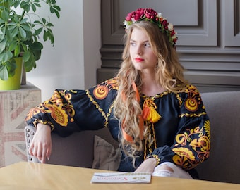 Black Ukrainian vyshyvanka blouse. Embroidered blouse vyshyvanka bohemian ethnic shirt boho chic peasant Gift for Her Gift for Christmas
