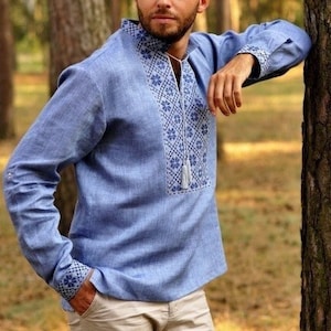 2024 Ukrainian blue shirt for men. Linen, Men's embroidered vyshyvanka. Traditional Ukrainian shirts Gift  for Men ChristmasUkraine seller