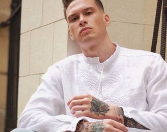 2024 White Ukrainian shirt for men. Linen shirt, Men's embroidered shirt.Ukrainian vyshyvanka. Traditional Ukrainian shirts Gift  for Easter
