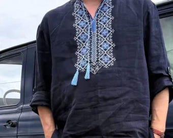 Vyshyvanka di lino da uomo blu / Camicia popolare ucraina Vyshyvanka di lino da uomo blu / Camicia popolare ucraina
