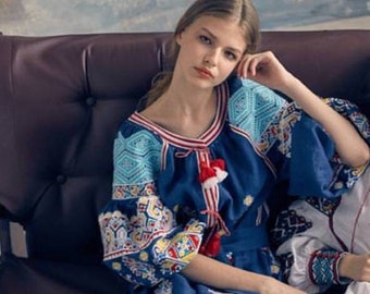 Blue Embroidered Dress Ukrainian vyshyvanka LINEN dress. Boho Dress. Ethno Style Gift for Her. Girl. Wife. Gift for Women, Dress Modern