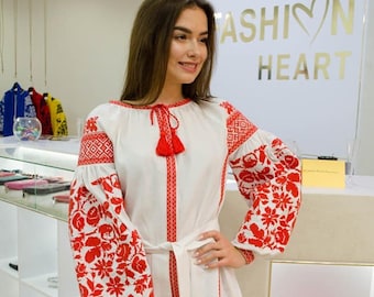 White Ukrainian Embroidered Wedding vyshyvanka dress Boho. Gift for Her. Gift for Wife. Ukrainian folk Dress , Gift for Christmas