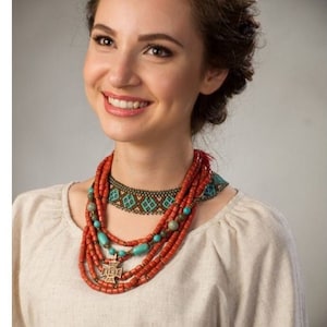 Ukrainian SYLYANKA with Turquoise Beads Ceramic Necklace Ethnic Traditional Handmade Ukrainian Jewelry Folk Ukrainian Gift for Girl