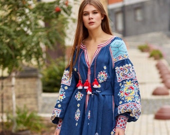 Ukrainian Embroidered Linen Dress, Blue Boho Vyshyvanka