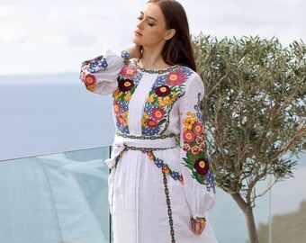 White Exclusive Embroidered Dress Ukrainian vyshyvanka dress Boho Gift for Her Gift for Wife Ukrainian folk Dress Linen Dress Soft