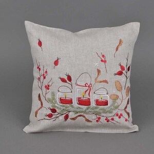 Embroidered Linen Pillowcase: Christmas Candle Design, Organic Home Decor