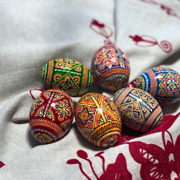 Set 6 Easter wooden eggs, Christmas Ukrainian traditional pysanky, Hand painted ornament eggs, Ukraine souvenir and gift Hand made painting