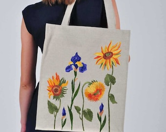 Bolso de mano de lino bordado con flores orgánicas, ideal para la playa en verano.