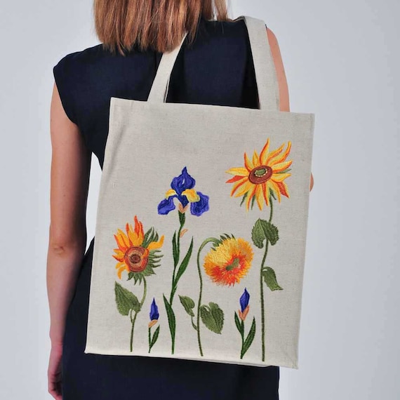 刺繍入りリネントートバッグ、オーガニックフラワー、サマービーチ 