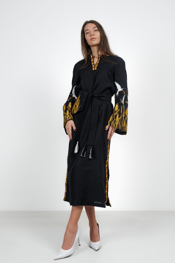 Black Linen Embroidered Dress, Ukrainian Vyshyvanka, Boho Folk Style