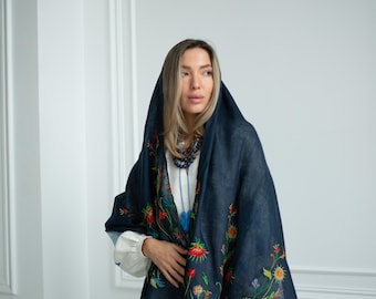 Blue Linen Shawl for Women Embroidered Ukrainian with Floral Design, Perfect Gift for Girl or Mom, Beautiful Scarf Flower Pattern Christmas