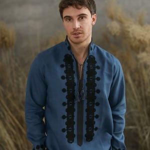 Blue embroidered shirt Ukrainian for men Linen shirt, Men&#39;s shirt, Ukrainian vyshyvanka, Traditional Ukrainian shirts Gift  for Christmas