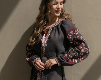 Gray Embroidered dress Boho. Ukrainian vyshyvanka linen dress  Ukrainian folk dress, Ukrainian, Gift for Her Ukraine seller Christmas gift