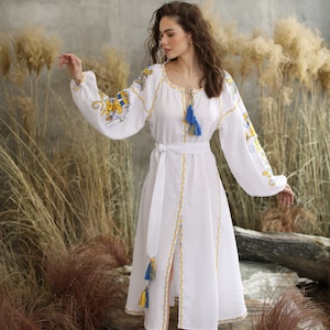 White Embroidered Victory dress Simple bohemian wedding dress. vyshyvanka Linen Boho White embroidered . Summer maxi dress.