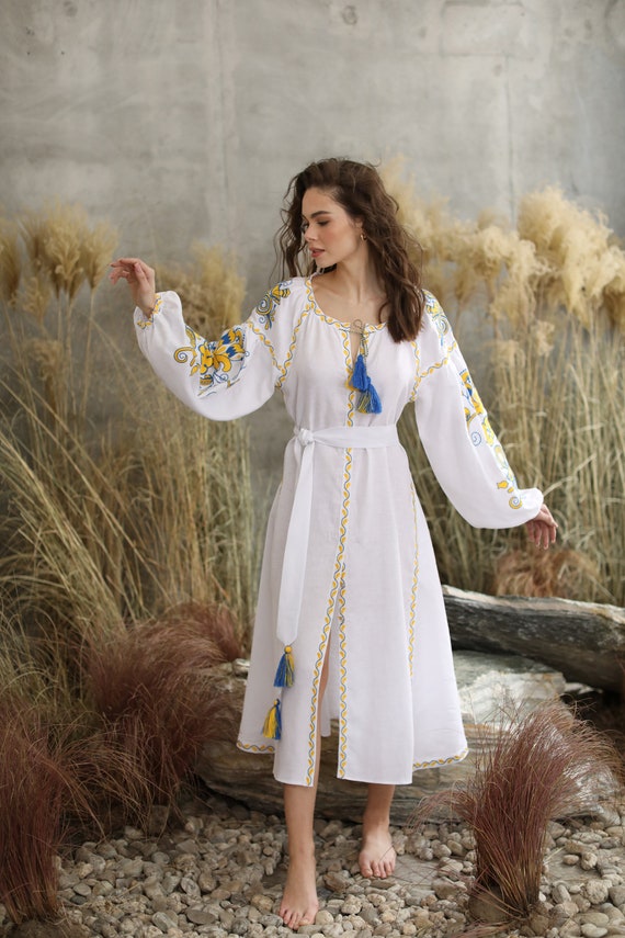 Embroidered Linen Maxi Dress: White Boho Vyshyvanka Wedding Dress