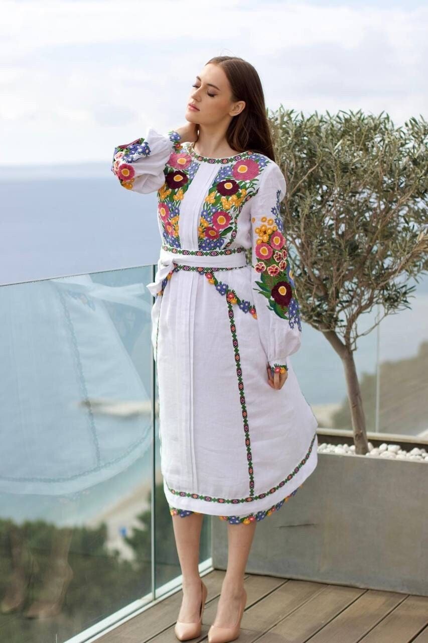 White Exclusive Embroidered Dress Ukrainian Vyshyvanka Dress Boho Gift For Her Wife Folk Linen Soft