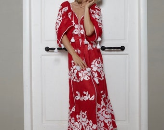 Rot Leinen Kleid Ukrainisch Gestickte Vyshyvanka Boho. Mexikanisches Kleid Geschenk für sie. Ukrainische Folklore Kleid Ostergeschenk